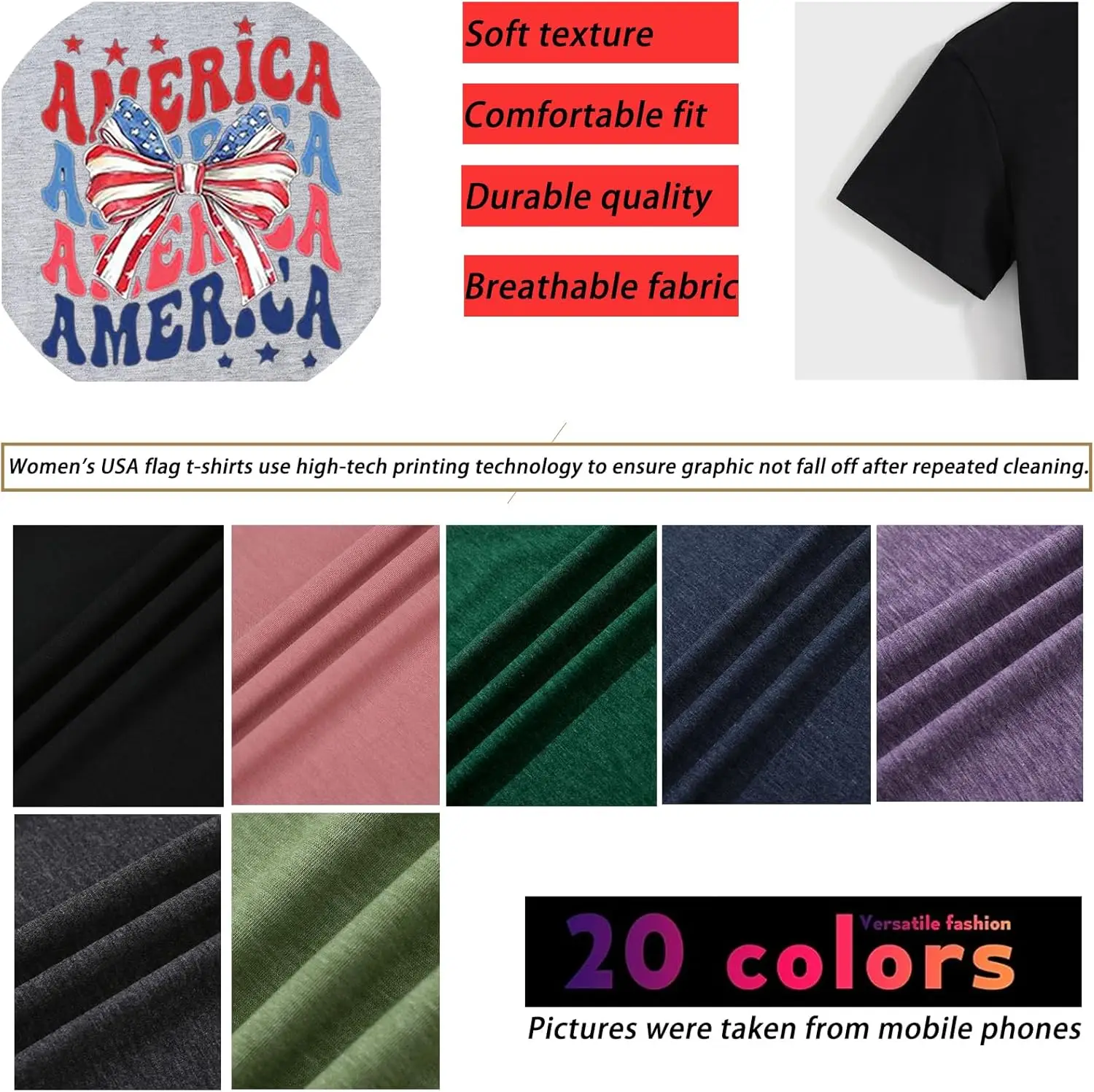 American Flag Patriotic T-Shirts for Women 4th of July T Shirt USA Flag Bow Tie Stripes Printed Tees Short Sleeve