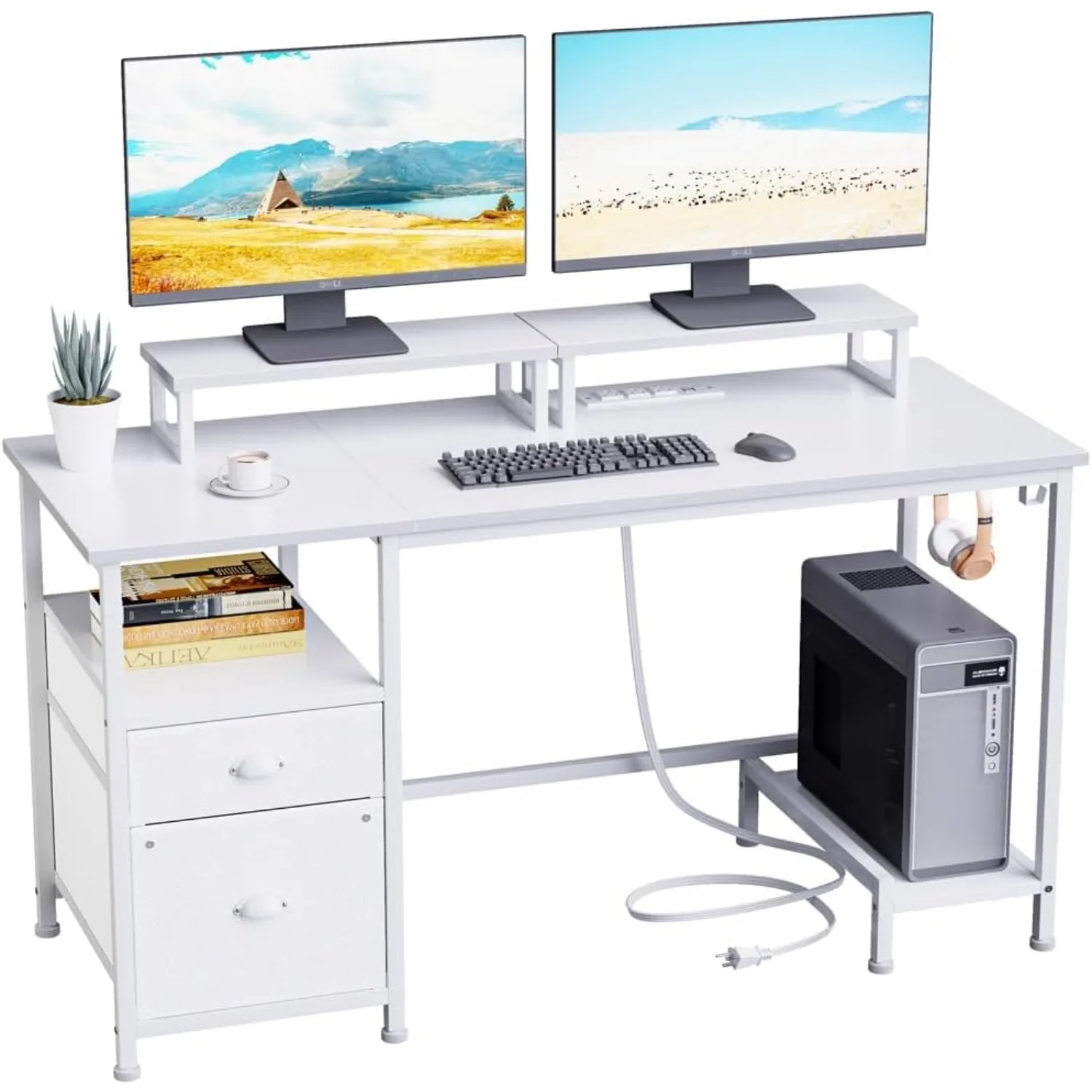 

White Computer Desk with Drawer and Power Outlets, 47" Office Desk with 2 Monitor Stands and Fabric File Cabinet