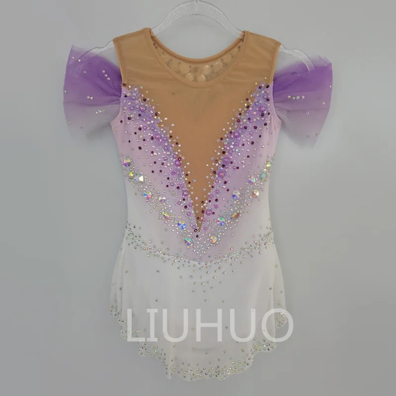 Rhythmic Gymnastics Leotards Girls Purple Print Luxury Flash Diamond Crew Neck Sleeveless Competition Costume LIUHUO