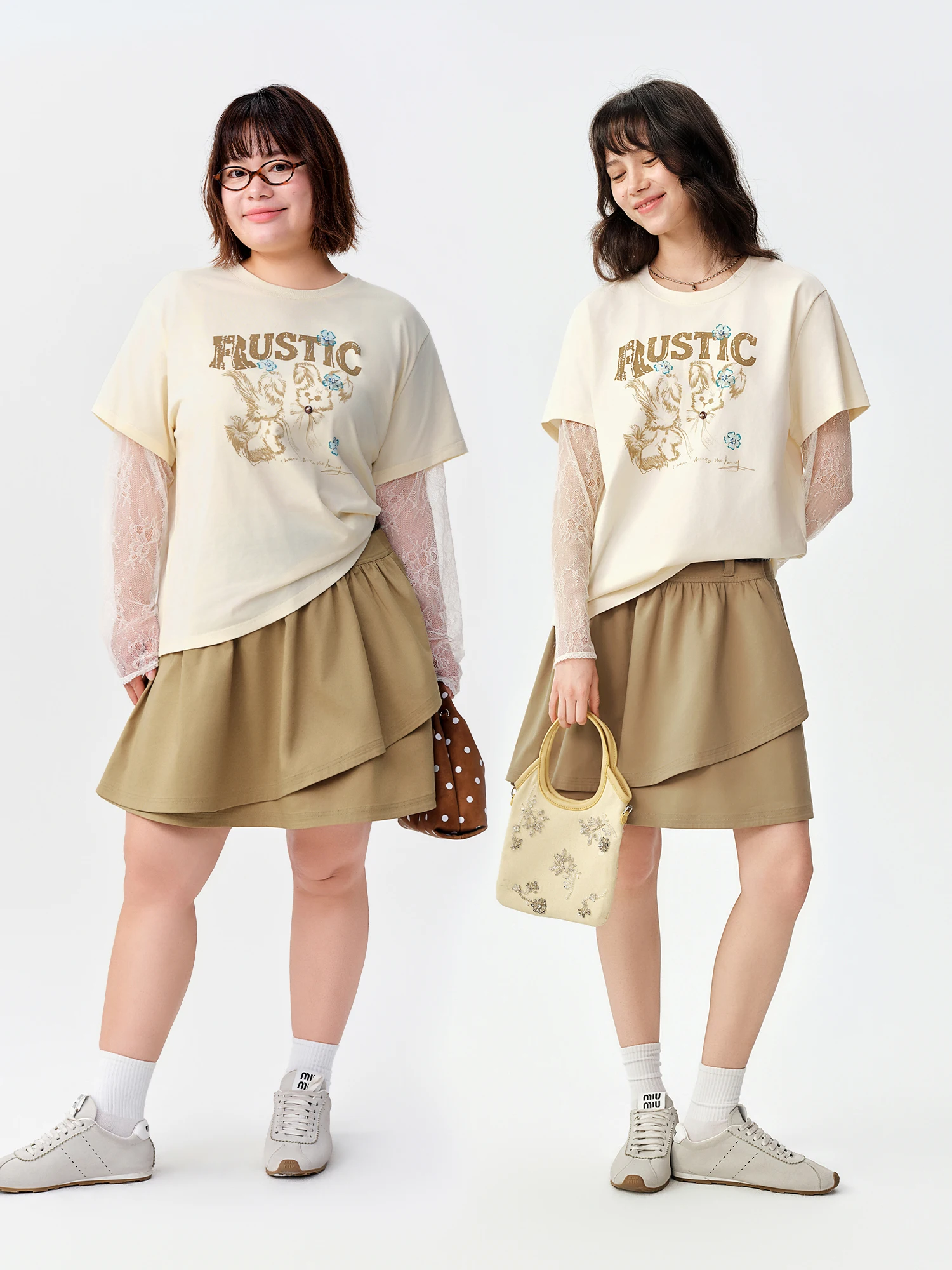 DUSHU American Vintage Layered High-Waist A-Line Short Skirt 2026 Autumn New Arrival Khaki & White Cotton Blend Mini Skirt
