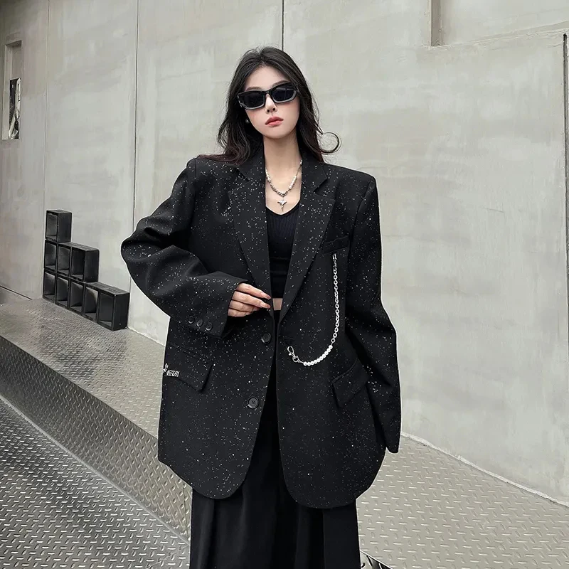 Black Sequins Fashion Blazer Women Elegant Loose Chain Patchwork Chic Suit Jacket Simple Office Lady Oversize Shoulder Pads Coat