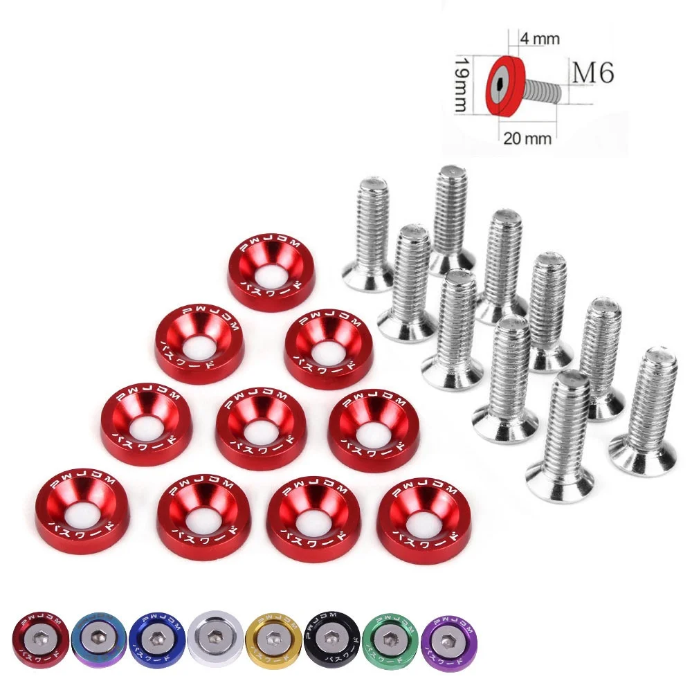 10pcs Car Modified Hex Fasteners Fender Washer Bumper Engine Concave Screws Aluminum JDM Fender Washers and M6 Bolt