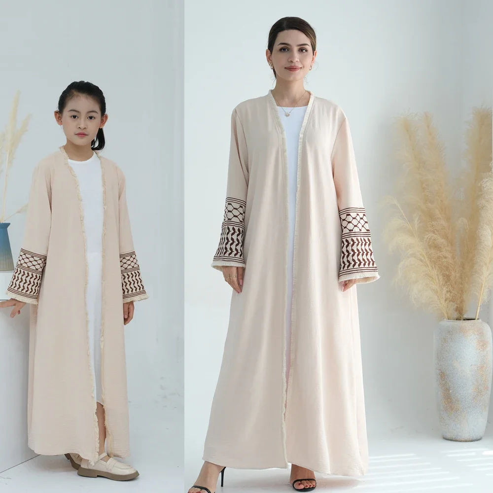 Eid Ramadan Mother Daughter Abaya Women Kids Girls Dress Dubai Djellaba Open Kimono Cardigan Muslim Islamic Clothing Arabic Robe