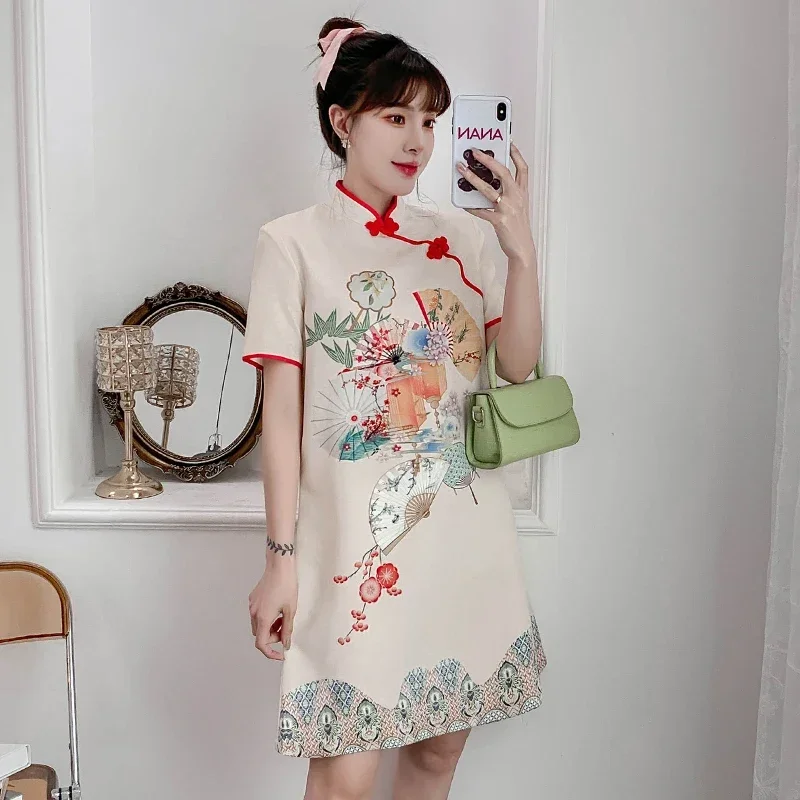 

2021 New 3XL 4XL Summer Casual Party Loose Fashion Modern Cheongsam Dress Women Short Sleeve Qipao Traditional Chinese Clothes