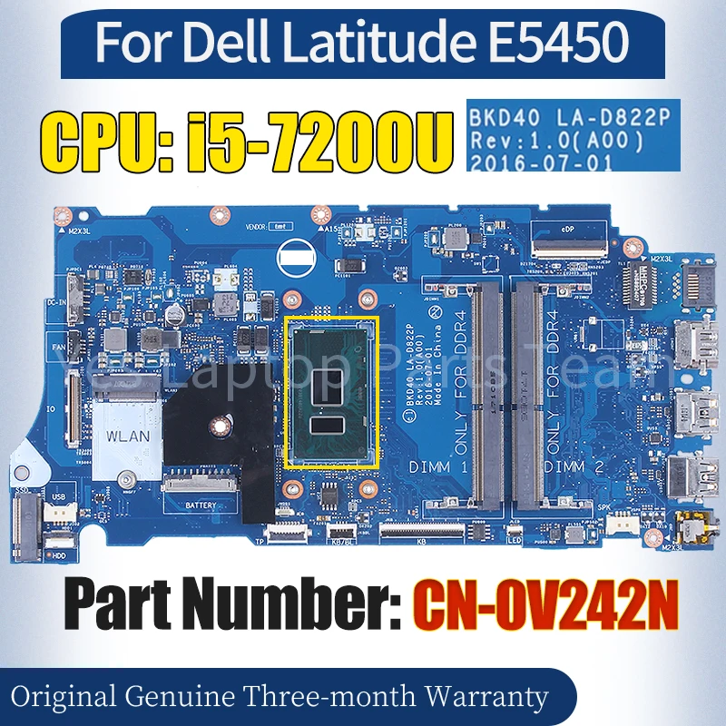 

EKD40 LA-D822P For Dell Inspiron 7460 7560 Laptop Mainboard CN-0V242N SR342 i5-7200U 100％ Tested Notebook Motherboard