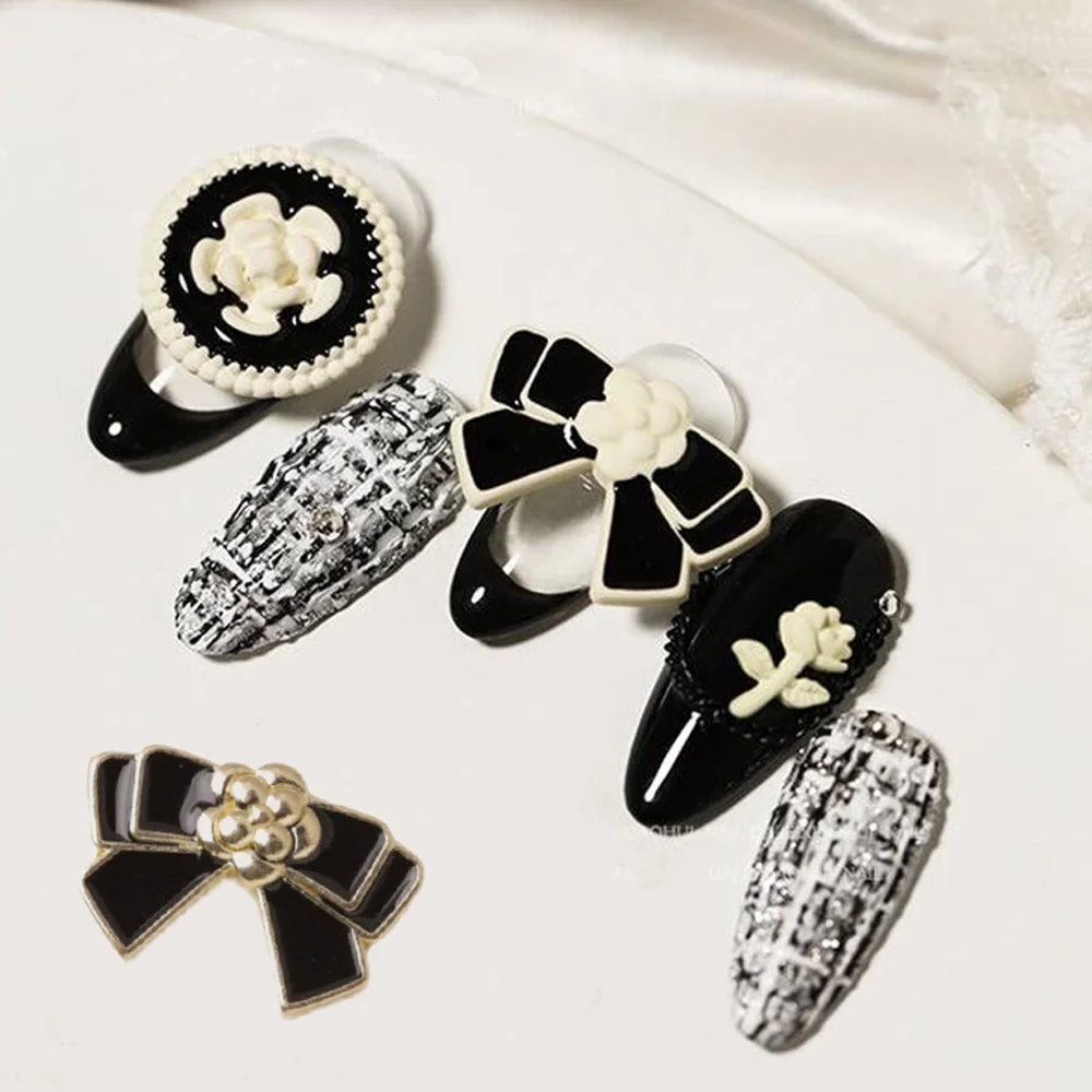 10pcs Black White Bowknot Nail Art Charms 3D French Luxurious Metal Alloy Bows With Flower Nail Rhinestone DIY Nail Accessories