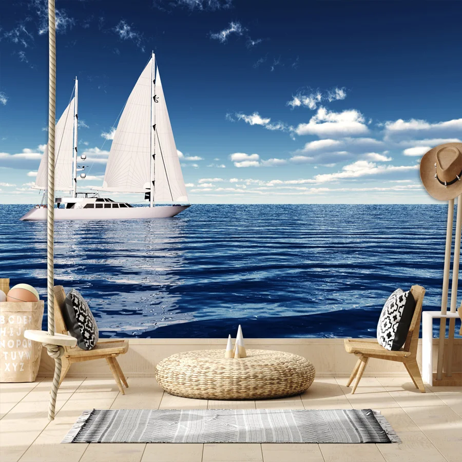 Custom Peel and Stick Wallpaper for Living Room Contact Wall Papers Home Decor Panel Sailboat Sea Sky Renovation Mural Covering