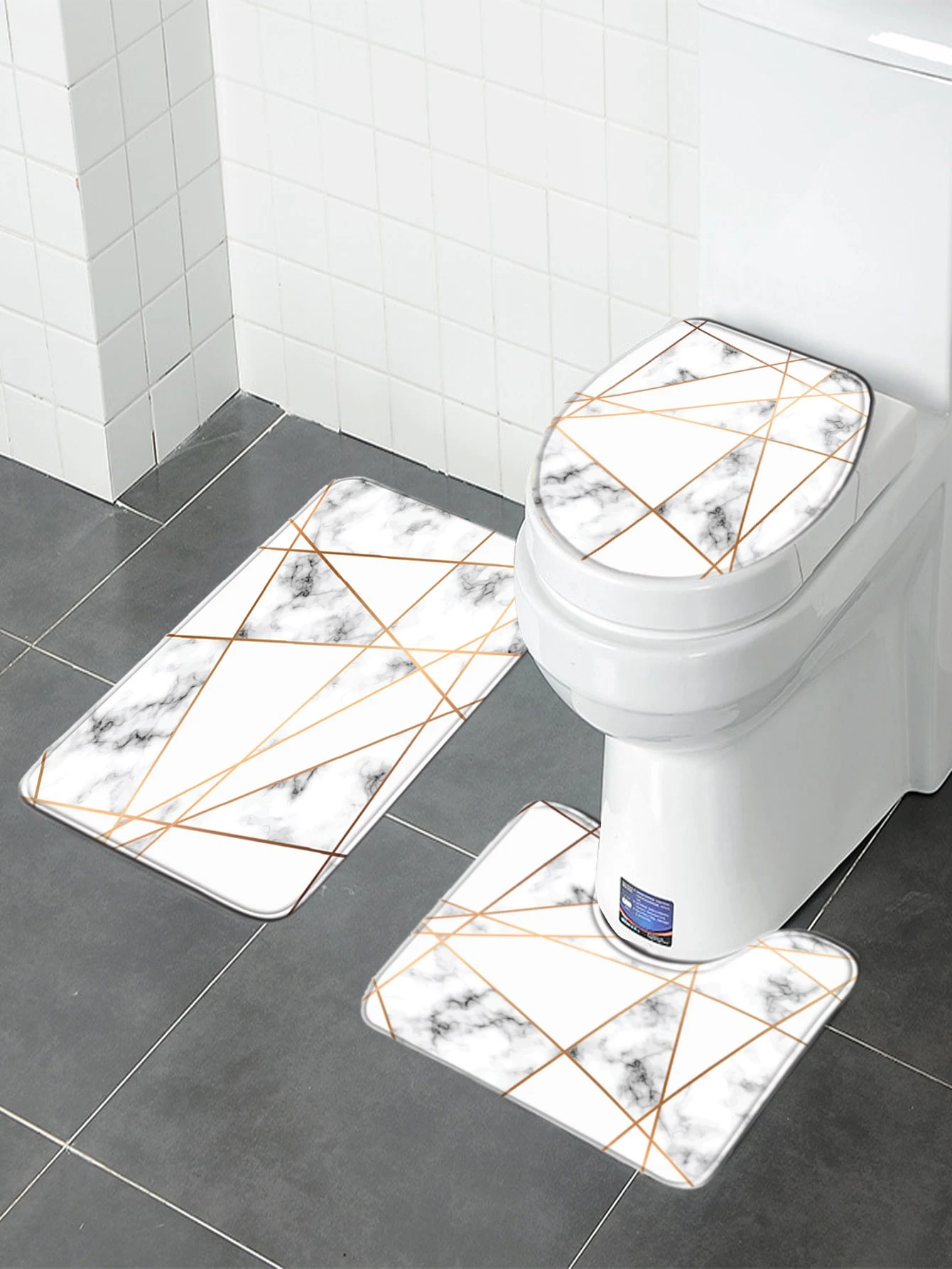 Toilet Seat Cover 3PC Set Bathtub Mat Shower Room Floor Carpet Family Bathroom Anti-Slip Sliding Door Mat Print Bathtub Decorati