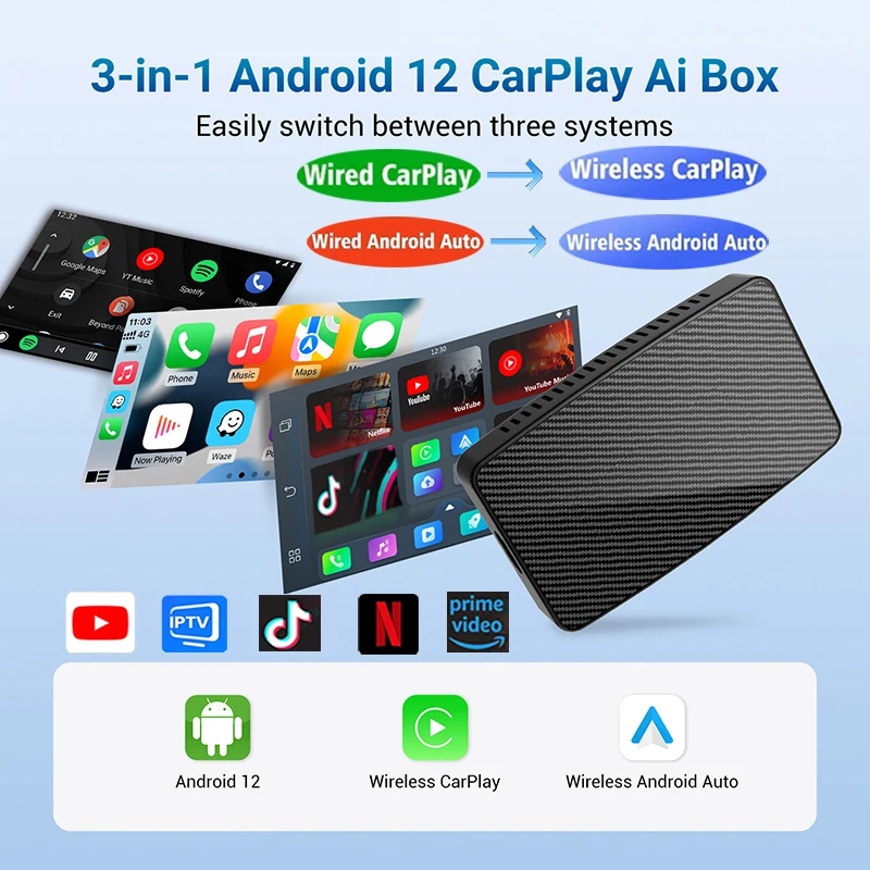 Ottocast Android Ai Box Bezprzewodowy adapter CarPlay Android Auto Wbudowany Youtube Netflix Spotify IPTV do samochodu z przewodowym Carplayem