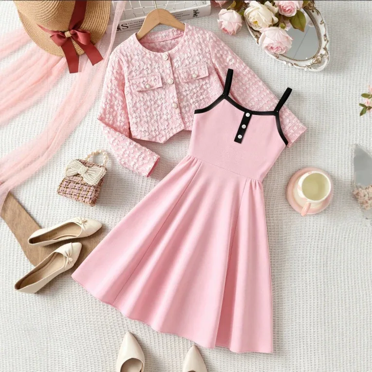 Girls Skirt Set Pink Strappy Dress Long Sleeve Jacket Girls Spring Autumn Kids Long Dress Two Piece Set