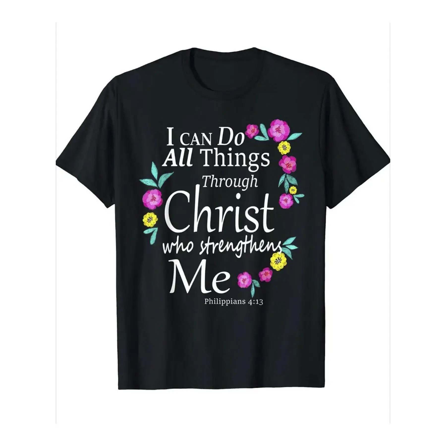 

Women's 100% Cotton T-Shirt with Inspirational Philippians 4:13 & Floral Geometric Print - Breathable Round Neck Short Sleeve
