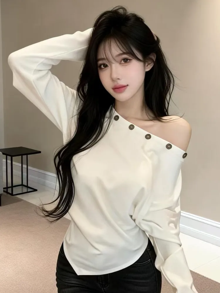 

Long Sleeve Asymmetric Button up T-Shirt Women's Loose Fashionable Base Shirt Autumn Winter Pure Desire Spicy Girl Top