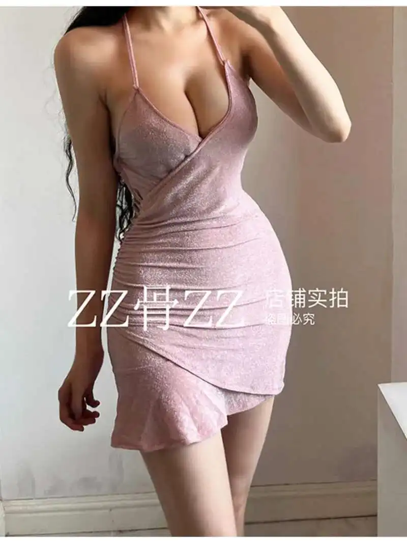 Sexy Sommer Neue Rüschen Hängenden Hals Stil Backless V-ausschnitt Unregelmäßigen Hause Nachthemd Kurzes Kleid Elegante Rosa Süße Tops M9FD