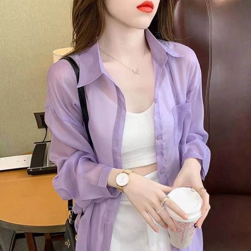 Summer Turn-down Collar Fashion Long Sleeve Shirt Women High Street Casual Solid Color Button Cardigan Elegant Thin Style Tops