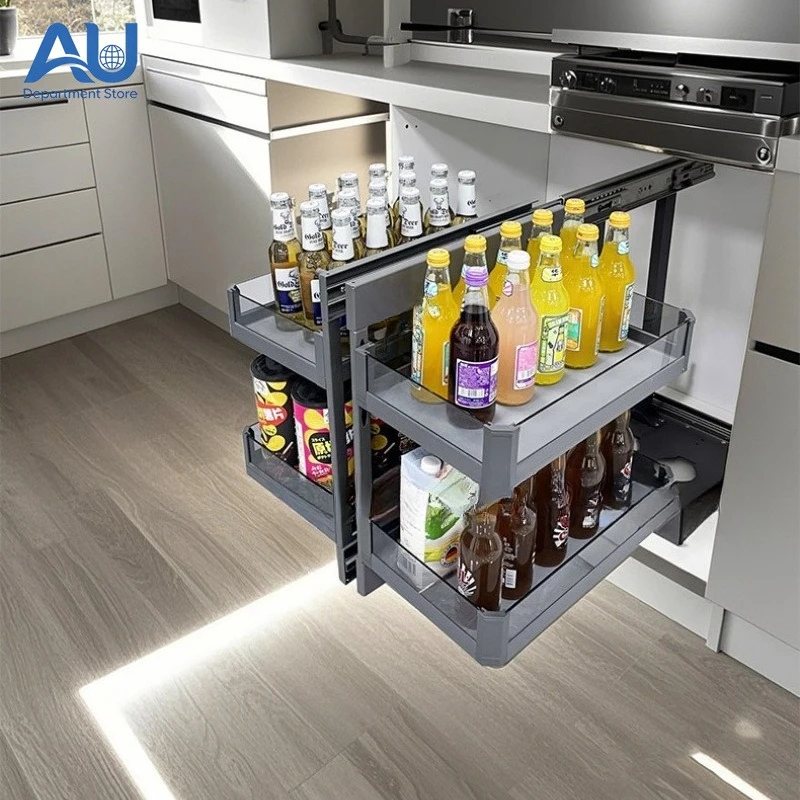 Cabinet Corner Pull-out Basket Kitchen Tempered Glass Seasoning Basket Drawer Style Storage Rack