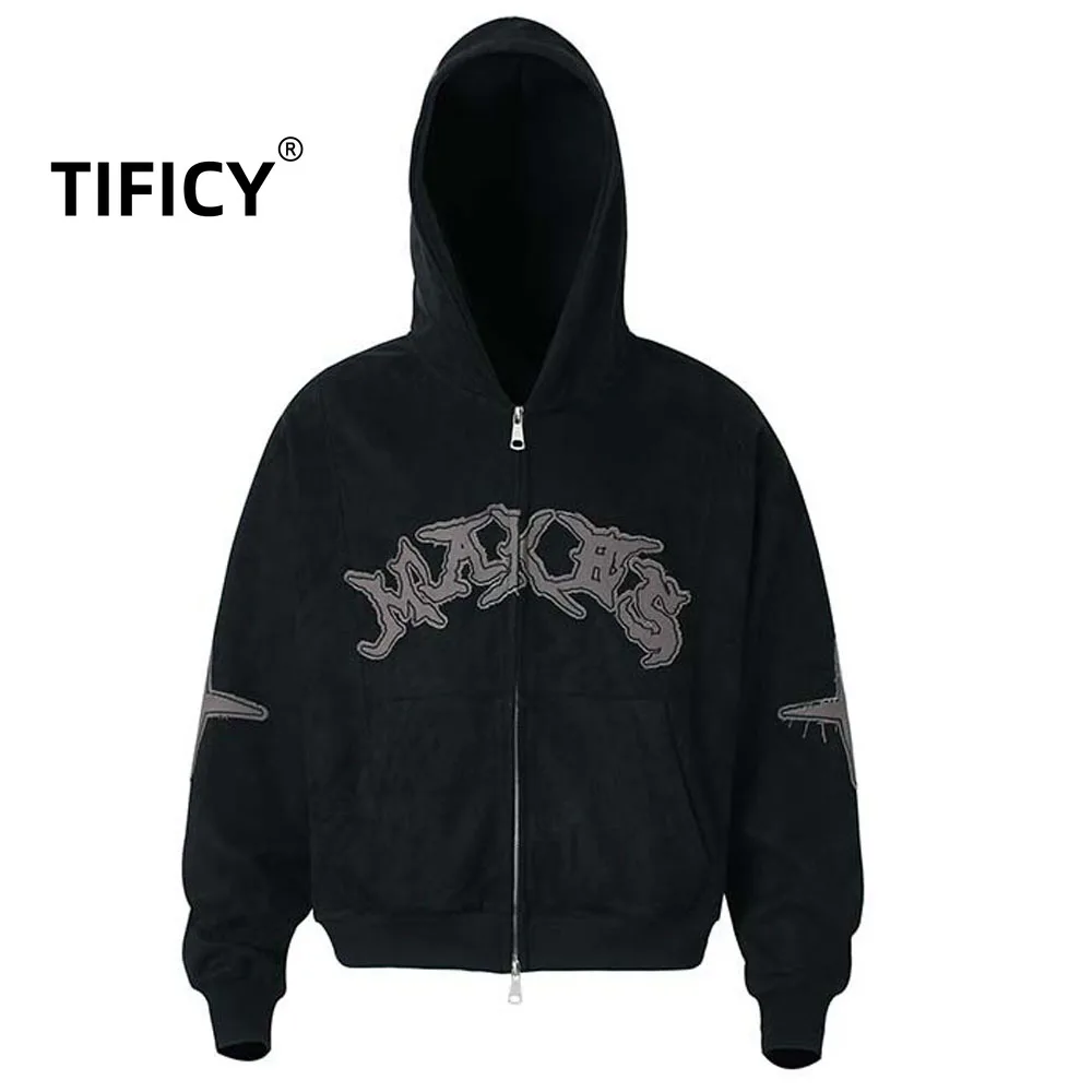

Retro Vintage Double Zipper Letter Embroidery Hooded Sweatshirts Tops Men's Ten Thousand Needles Couple Style Short Jacket