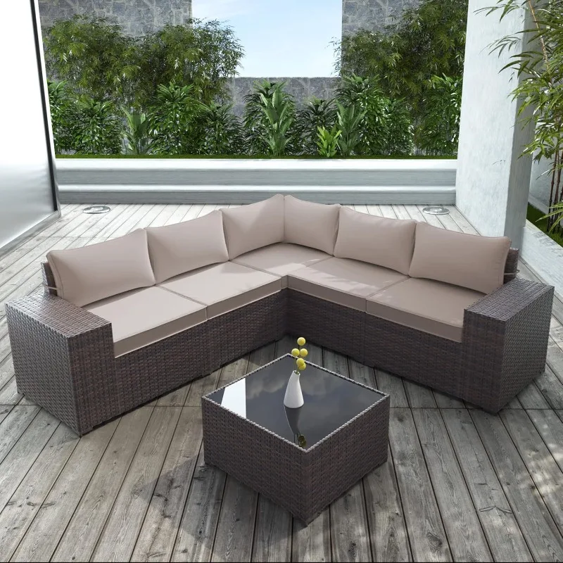 

Patio Furniture Set, All-Weather PE Rattan Outdoor Sectional with Replaceable Waterproof Cushions and Coffee Table