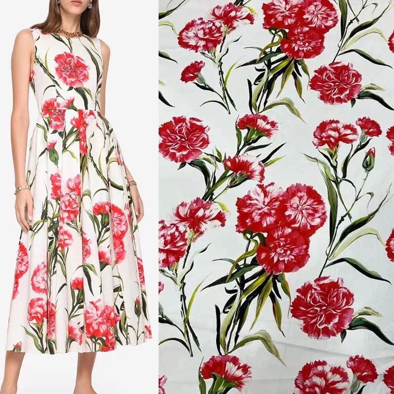 European And American Fashion Carnation Flower Printed Cotton Fabric For Women Dress Blouse Pants Handmade DIY Cloth Sewing