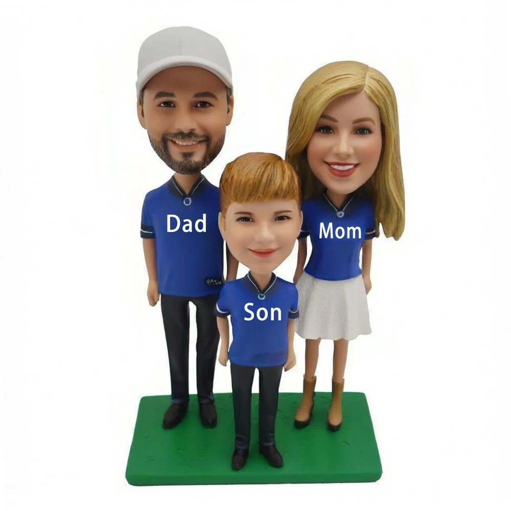

Custom Family Bobblehead Figurine, 3 People, Matching Blue Polo Shirts, Decorative Stand Based on Your Photo