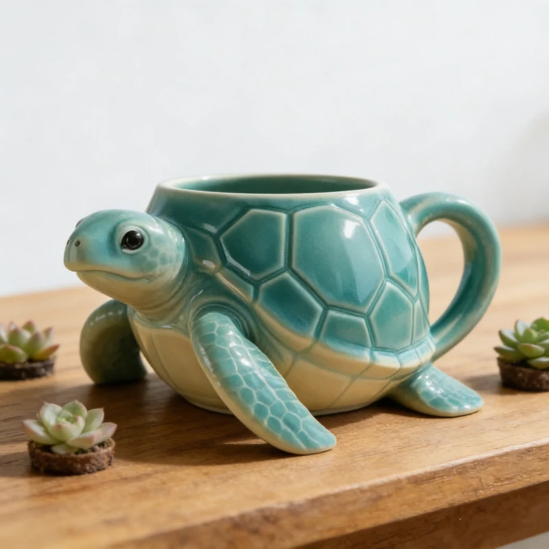 Cute Turtle Shaped Ceramic Mug with Metal Rim, Novelty Animal Tea Cup, Great Gift for Birthday & Housewarming