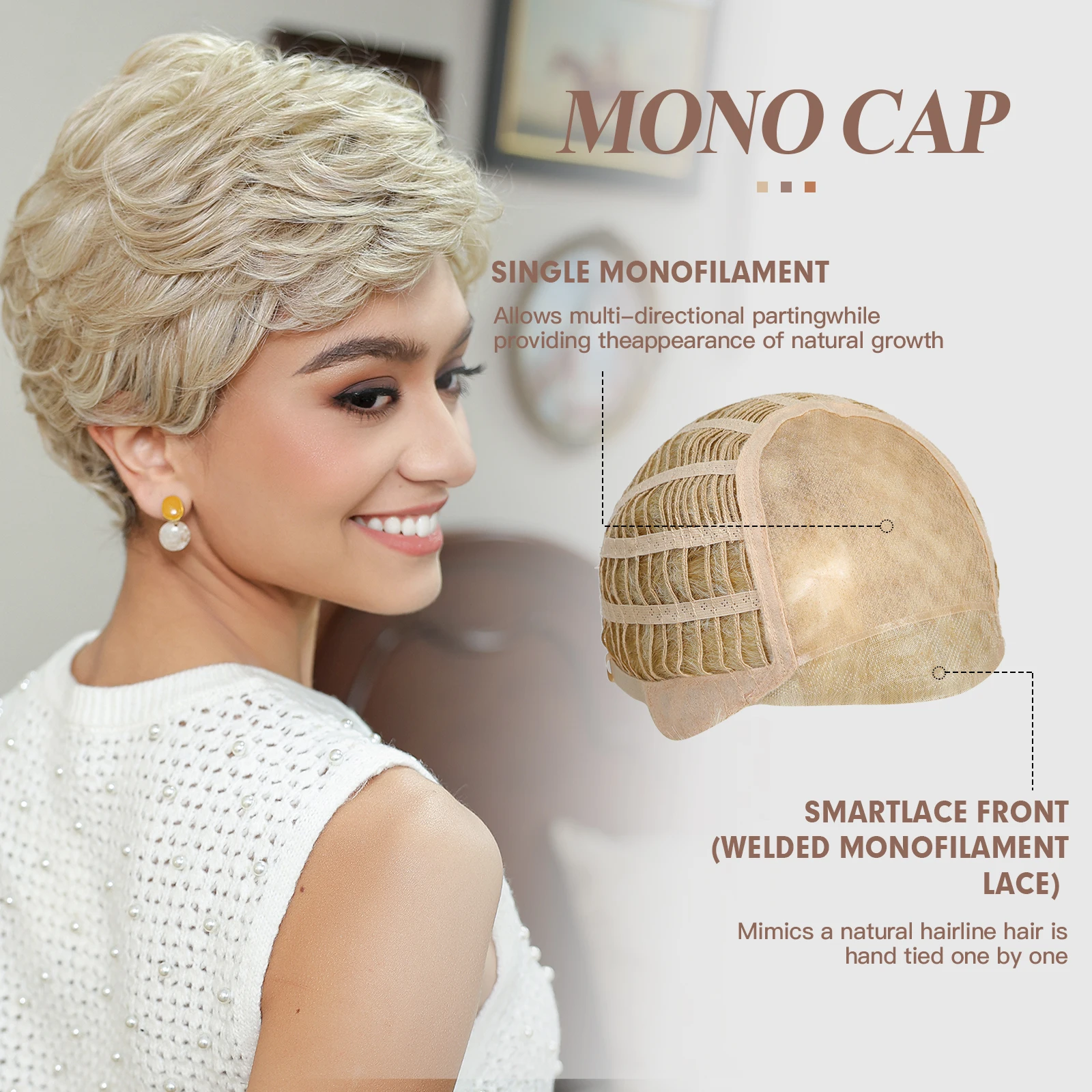 Short Blonde Pixie Cut Wig MONO Lace Hair 100% FUTURE Fiber Wig Breathable Hand Tied Knotless Lace Front Synthetic Wig for Women