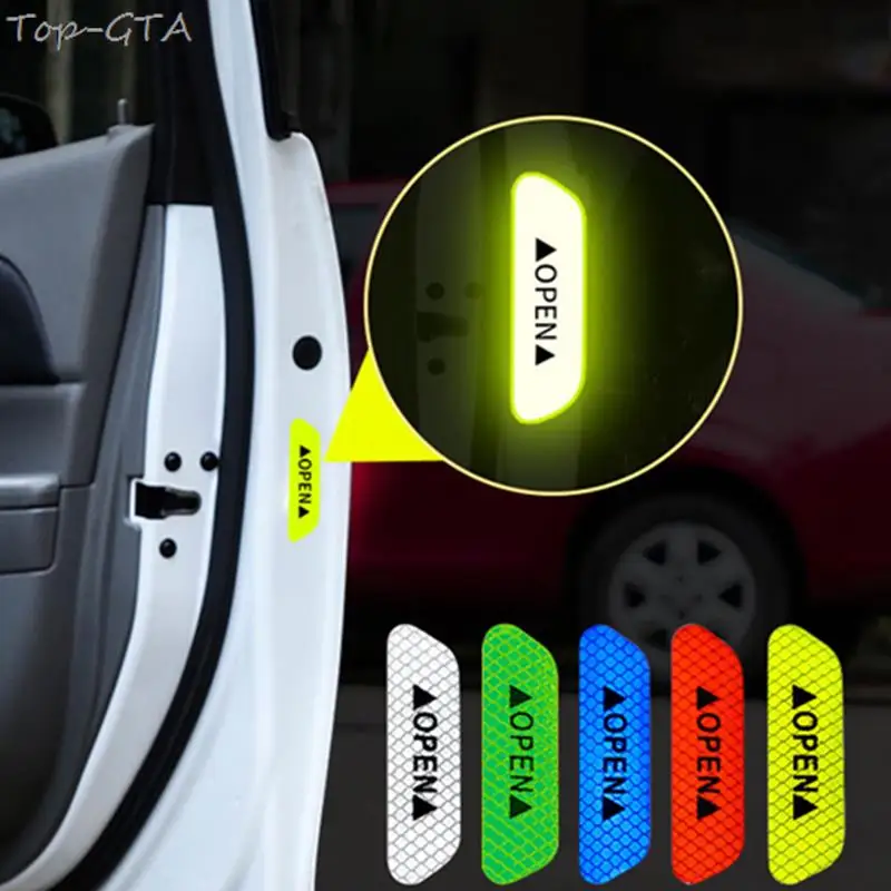 4PCS Safety Stickers Warning Signs Car Door Handle Warning Mark Tape Reflective Light Reflector Strip Anti-collision Decals