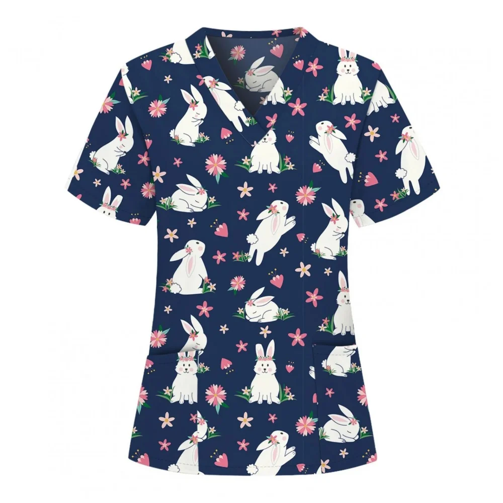 Easter Bunny Print Clinical Uniform Woman Cute Vet V-Neck Nursing Fashion Short Sleeve Patch Pocket Tops Uniforms Women Medical