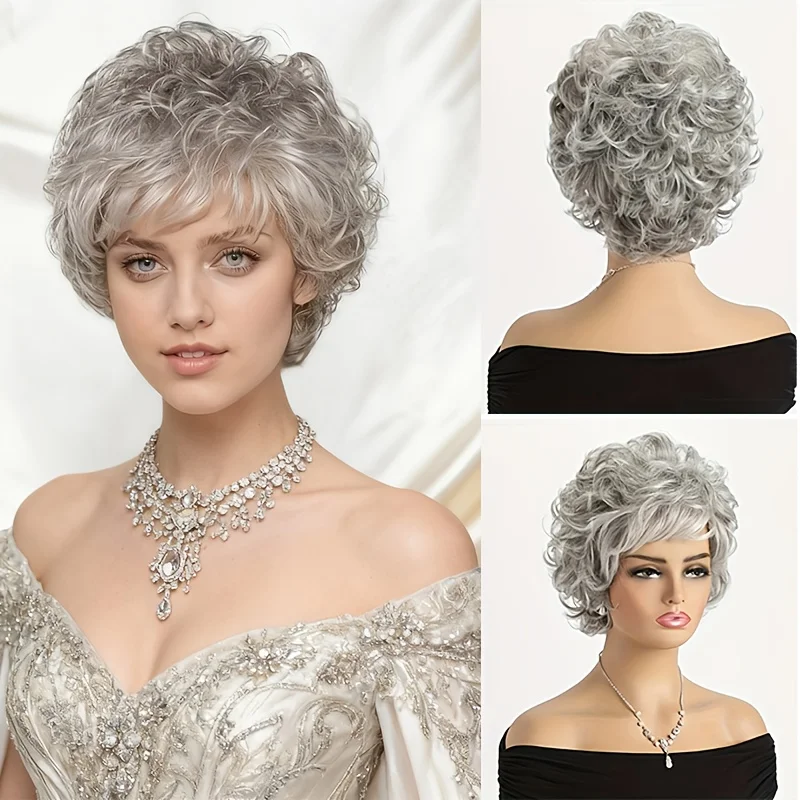 10-inch Silver-White Women's Fashion Two-Tone Curly Short Wig - Elegant Synthetic Bob Full Wig
