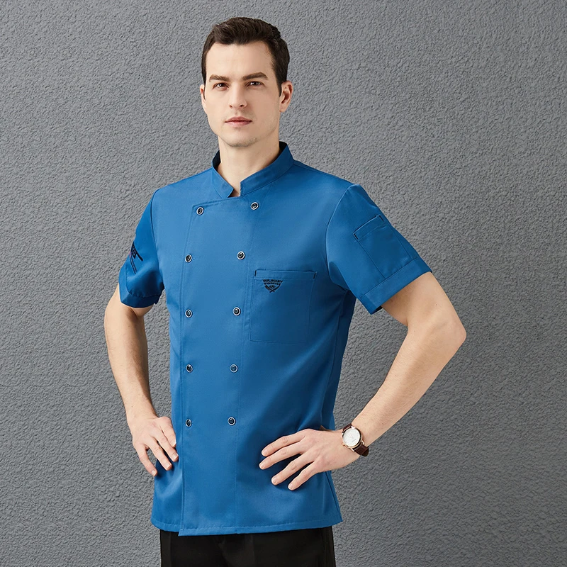 Restaurant Blau Küche Jacke Hotel Männer und Frauen Chef Arbeit Kleidung Sommer Atmungsaktive Kurze Ärmeln Uniform Kochen Kostüm