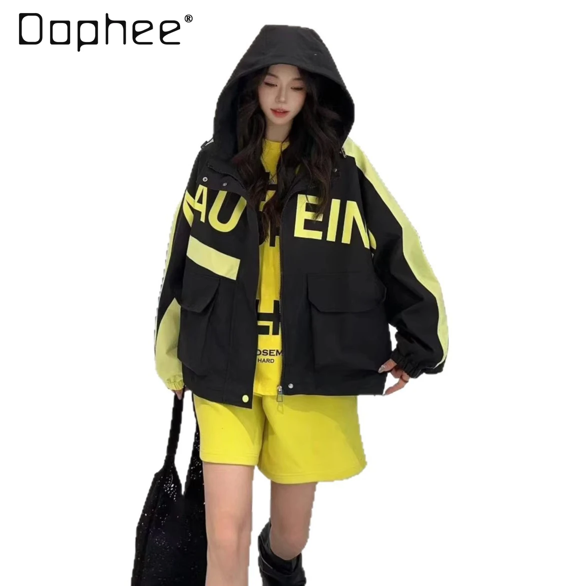 

Women's Trench Coat 2026 Spring New Letter Print Color-blocking Drawstring Hem Design Hooded Loose-fit Jacket Women Coat
