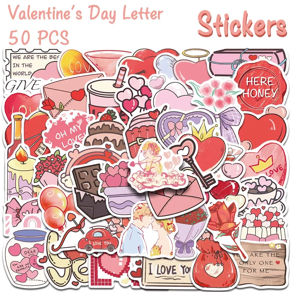 50pcs Valentine's Day Letter Stickers For Scrapbook Laptop Phone Case Envelope DIY Stickers Romantic Decor Valentine's Gift