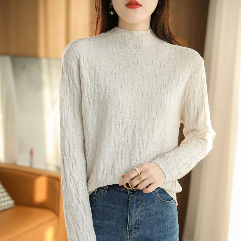 Mock Neck Sweater Women's Sunken Stripe Knitwear 2024 New Slim Fit Fashion Inner Match Pattern Bottoming Shirt Top