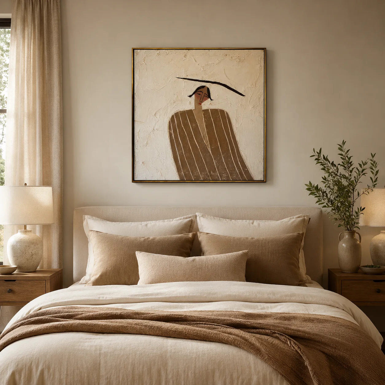 The Cream Solitude – Wabi-Sabi Heavy Textured Woman Portrait Painting | Canvas Wall Printfor Bedroom, Living Room, Office
