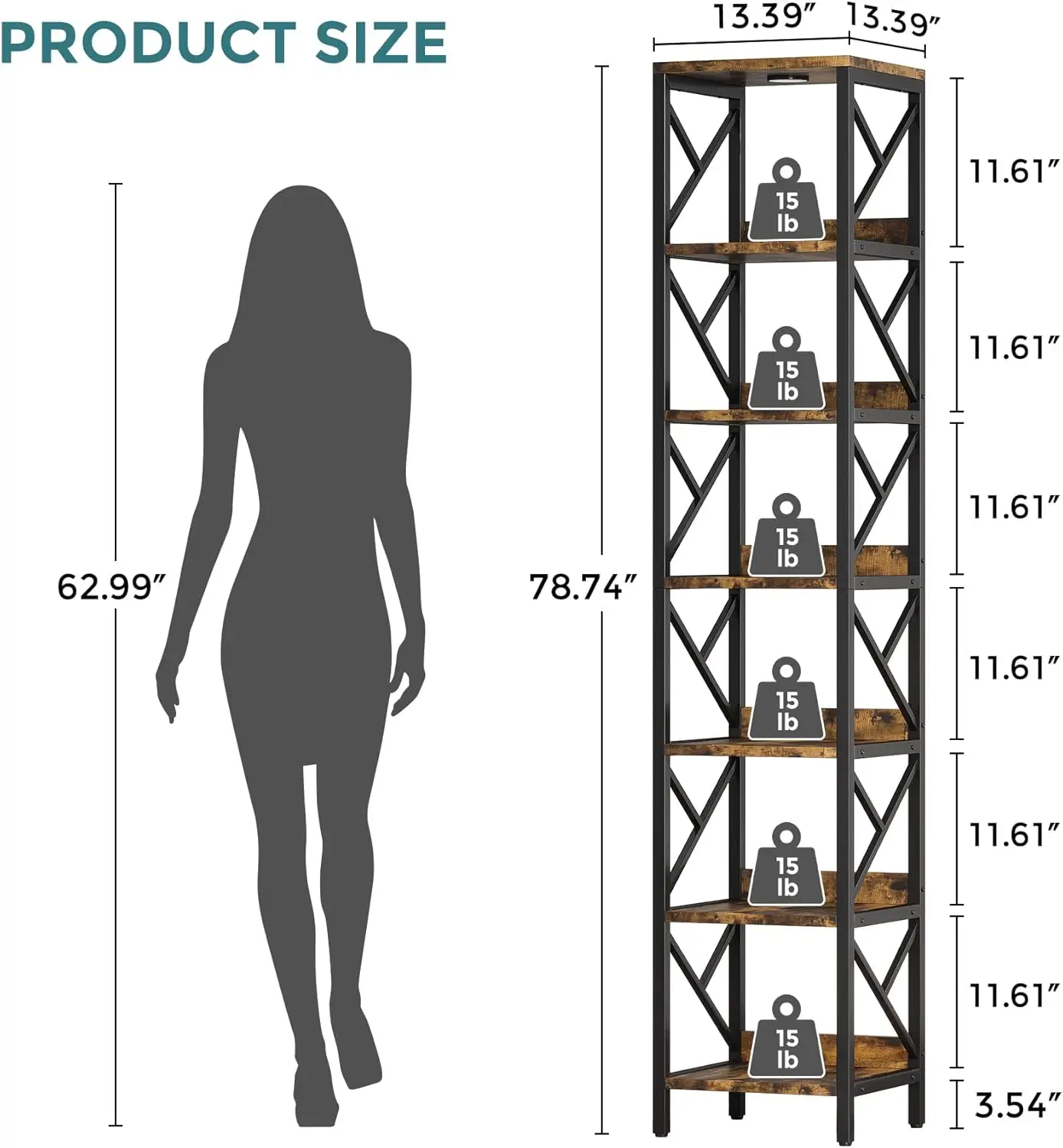 78.7 H Extra Tall Narrow Bookshelf With Led Light, 7 Tier Skinny Bookcase For Small Space, Freestanding Display Corner Shelf,