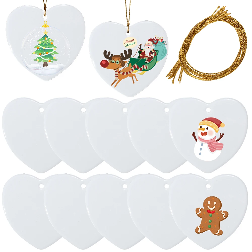 12Pcs Heart Sublimation Ornaments Ceramic Sublimation Blanks with Cords Porcelain White Heat Transfer Blank Personalized Hanging
