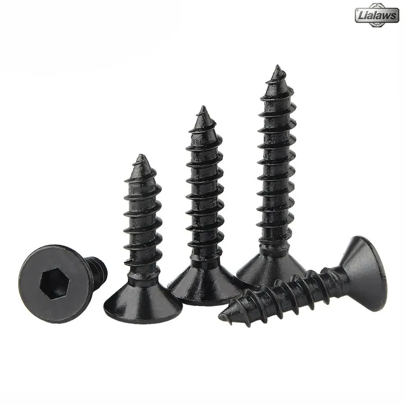 10~100pcs Black Hex Socket Flat Head Self Tapping Screw Alloy Steel Countersunk Allen Head Wood Tapping Screw M3 M3.5 M4 M5 M6