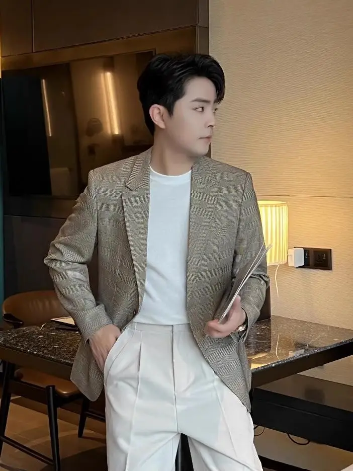 

Мужской клетчатый пиджак в стиле ретро: свободный крой, повседневный, в гонконгском стиле, для молодежи