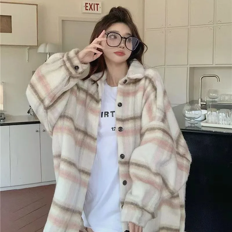 DAYIFUN Female Stripe Fleece Coats Autumn Batwing Seleeve Single Breasted Lapel collar Top Loose Oversized Drop Shoulder Clothes