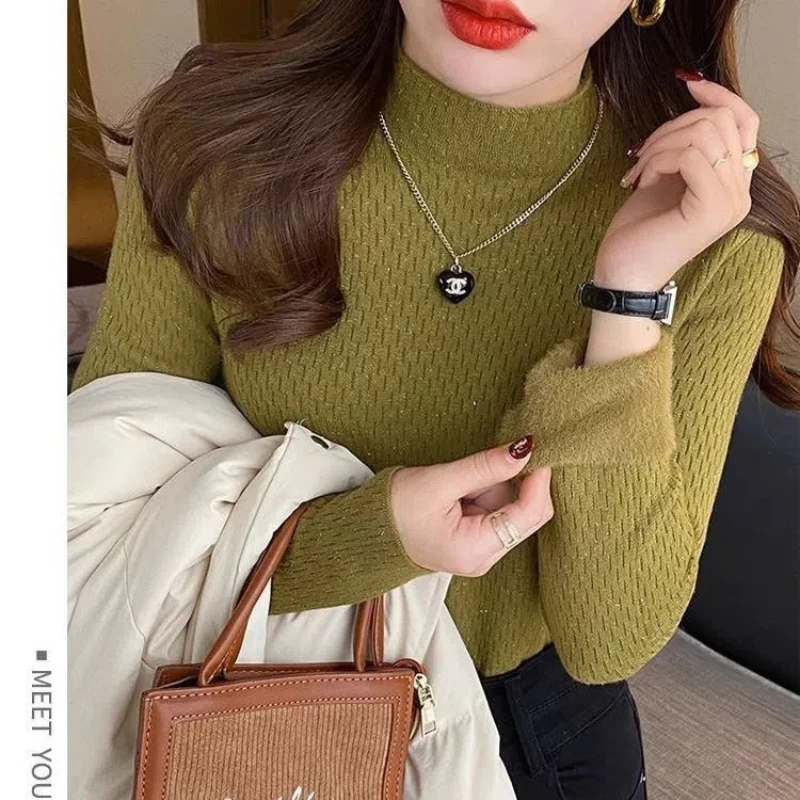 Pulls en velours brillant à col montant pour femmes, pulls épais à manches longues, mode coréenne, automne