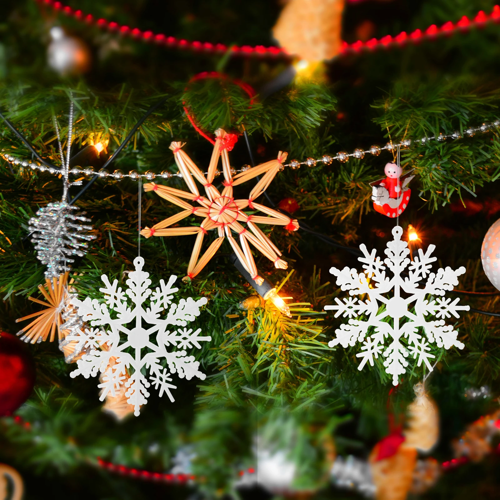 

10 Pcs Christmas Snowflakes 12 Petal White Plastic Decorations Hanging naments for Holiday Home Winter Decoration White Glitter