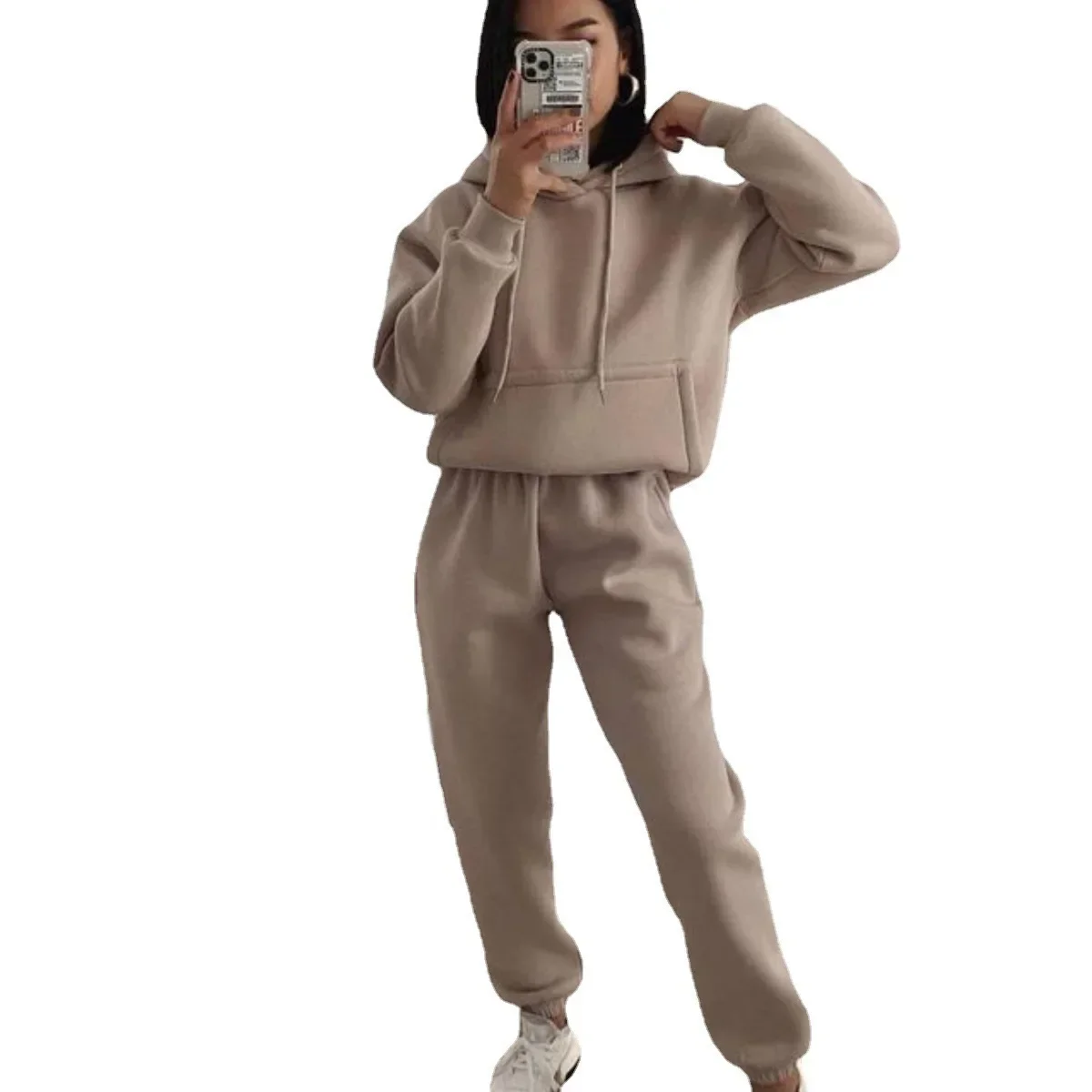 Women Tracksuit Sweatshirts Two Piece Sets Hooded Loose Matching Sets Splice Autumn Winter Elastic Waist Long Pants Set