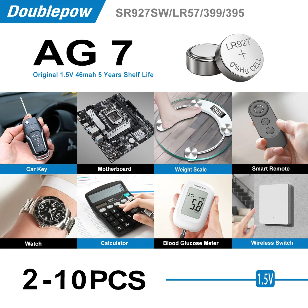 Doublepow оригинальный 2-10 LR927 AG7 кнопочный аккумулятор 1,5 В LR57 399 395 SR927SW часы калькулятор игрушка пульт дистанционного управления батарея для монет