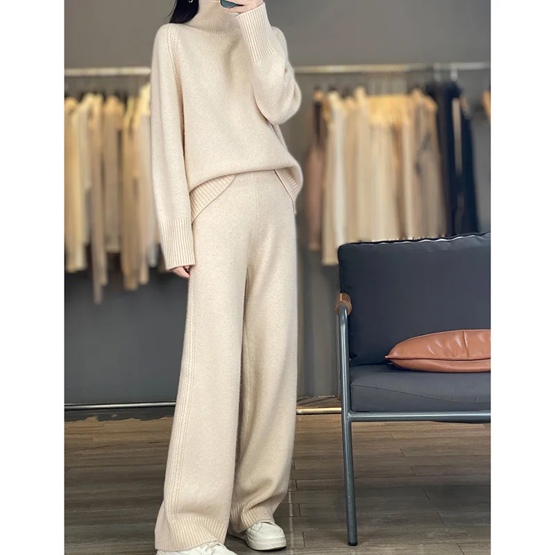 Women's Wool Sweater Pullover Turtleneck Pants Set Raglan Sleeve Autumn Winter Loose Thicken 100% Merino Wool Knitwear Clothing