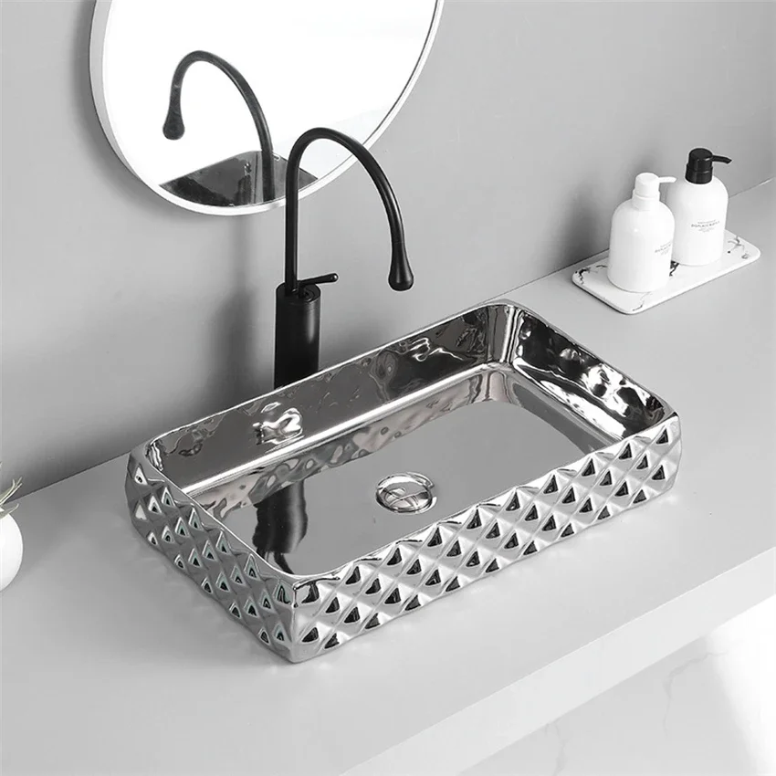 Lavabo de mesa integrado galvanizado, lavabo Rectangular para el hogar, Hotel, ingeniería, arte de cerámica, 600x340x110mm