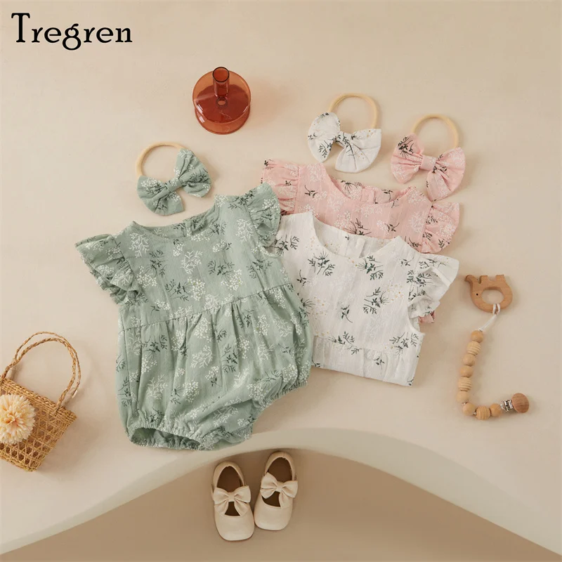 Tregren 0-24M Cute Summer Baby Clothing Toddler Girls Cotton Fly Sleeve Floral Print Romper Top Hair Band 2pcs Outfits