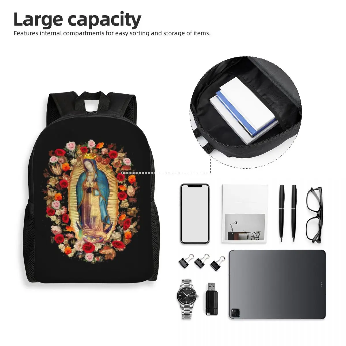 Custom Our Lady Of Guadalupe Mexican Virgin Mary Laptop Backpack Bookbag for College School Student Mexico Catholic Saint Bags