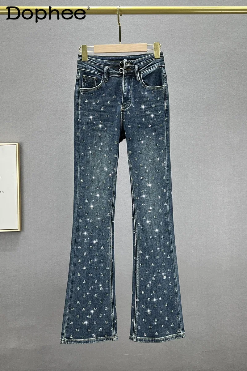 

Heavy Industry Denim Bootcut Pants for Women 2023 New Autumn High Waist Slim Jeans Rhinestone Letters Mop Trousers High Street