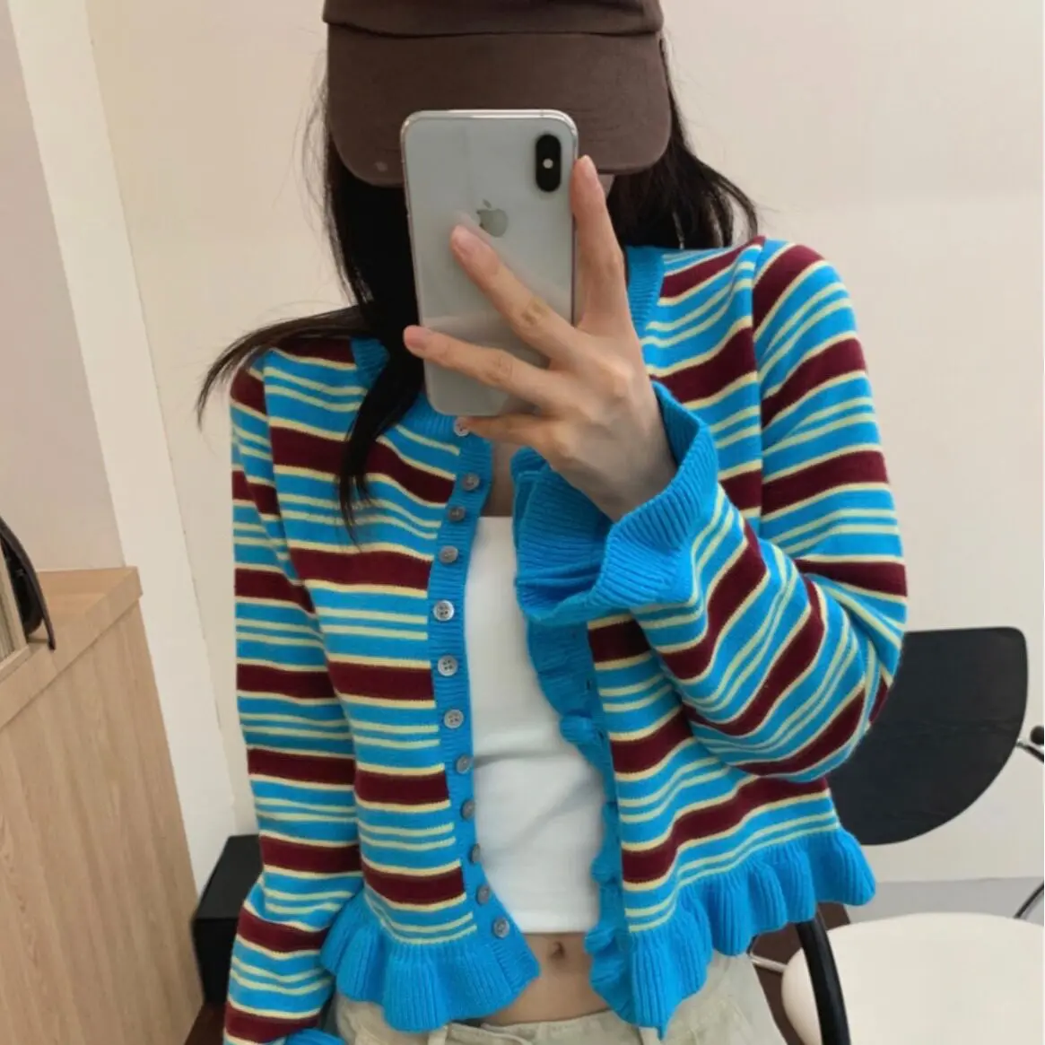 

Модный женский вязаный кардиган с длинными рукавами, прямой крой, в полоску, с подолом, в стиле Dongda Gate, французский стиль, свободный крой, дышащий, из полиэстера.