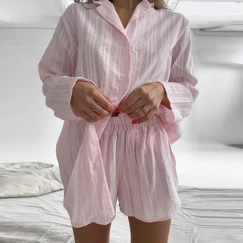 Ling 2 Pieces 100% Cotton Suits Pink Jacquard Weave Women\'s Pajamas Homewear Shorts Sets Soft Shirts Loose Sleepwear Outfit