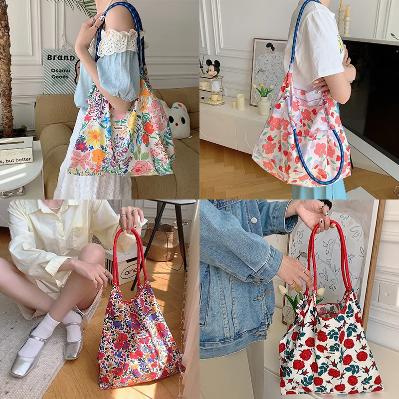 Hanfeng summer large-capacity hand carry shoulder bag drawstring shopping bag fresh floral tote underarm bag